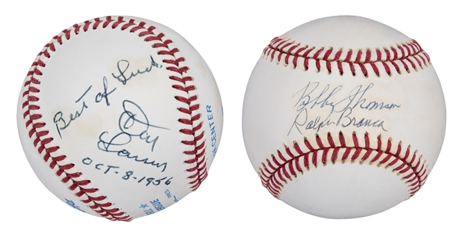 Lot of (2) Ralph Branca/Bobby Thomson & Don Larsen Signed Baseballs (SGC)